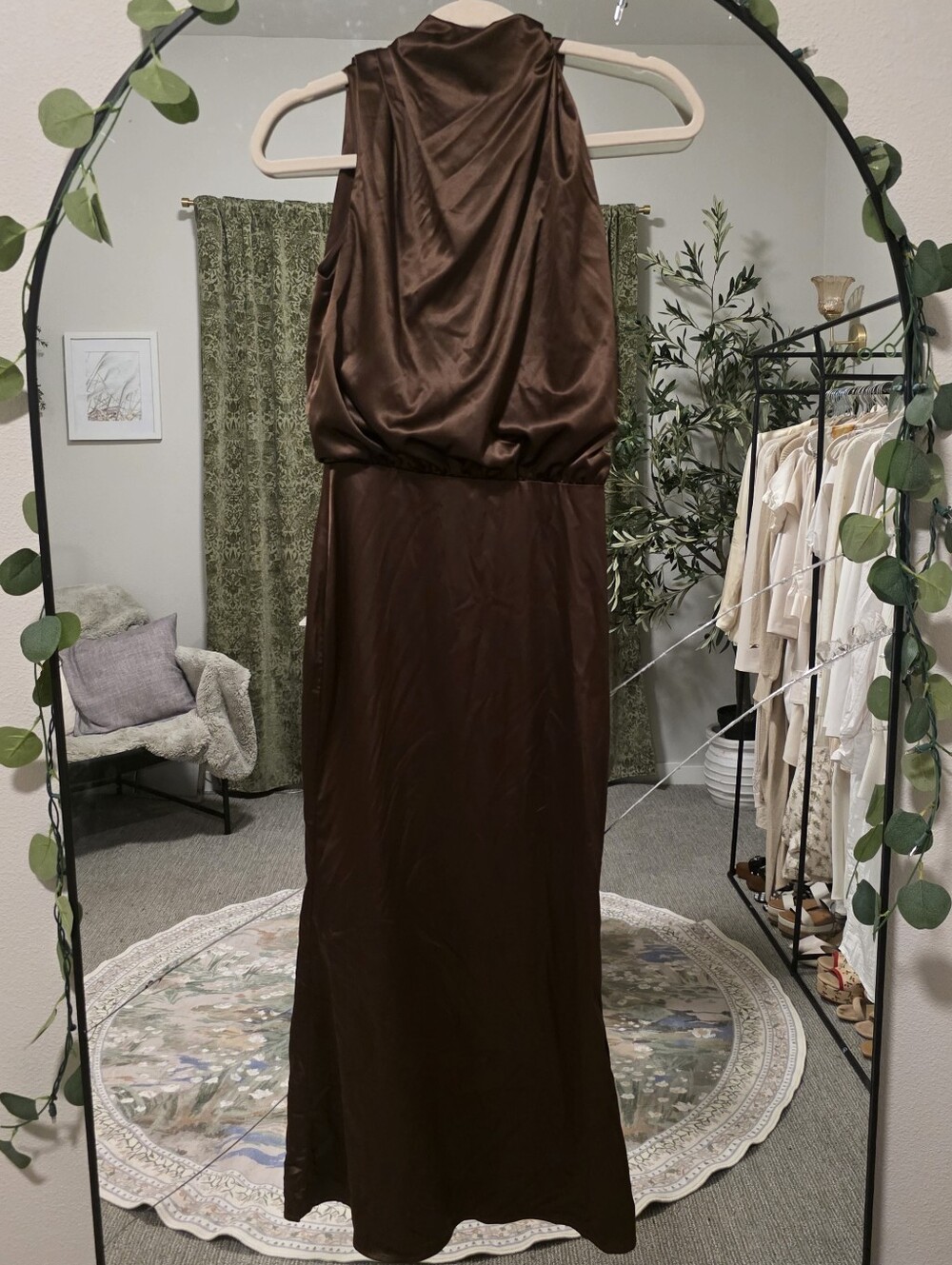 Cherley Chocolate Satin High-Neck Maxi Formal Evening Dress